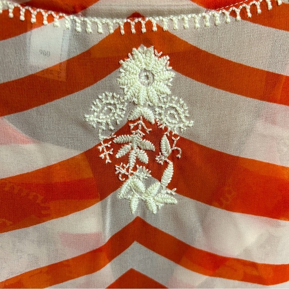 Chico’s large (2), orange/peachy, white embroidery, and black stripes at edge - Picture 5 of 7